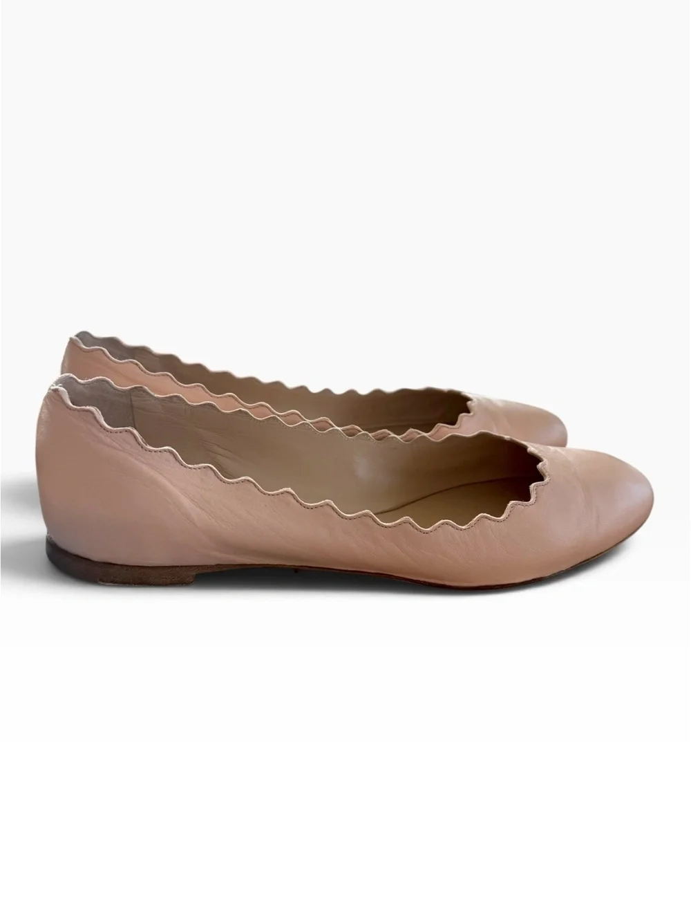 Chloé Lauren Scalloped Leather Ballet Flats Nude Beige Pink Size 38 Box Dustbag